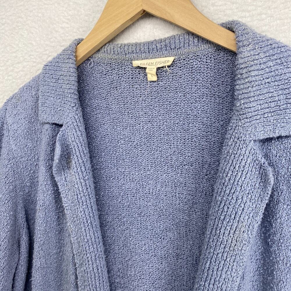 EILEEN FISHER Sweater L Organic Cotton Cardigan Blazer Open Front Pockets Blue - Picture 2 of 14